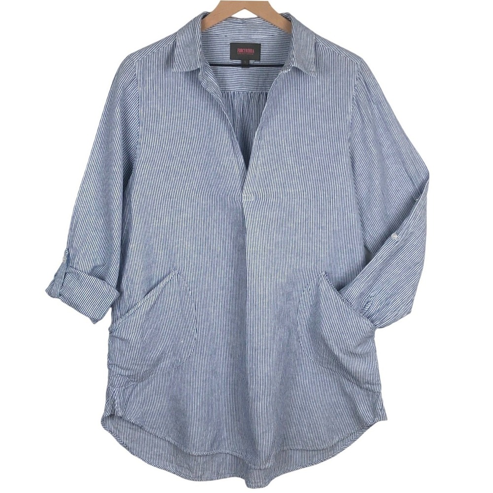 FORCYNTHIA Beachwear Linen Cotton Tunic Top Sz L Blue Stripe Pockets Roll Tab